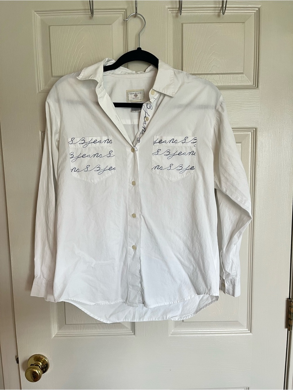 Susan Bristol White Casual Button-Down Shirt with Script Pocket Detail